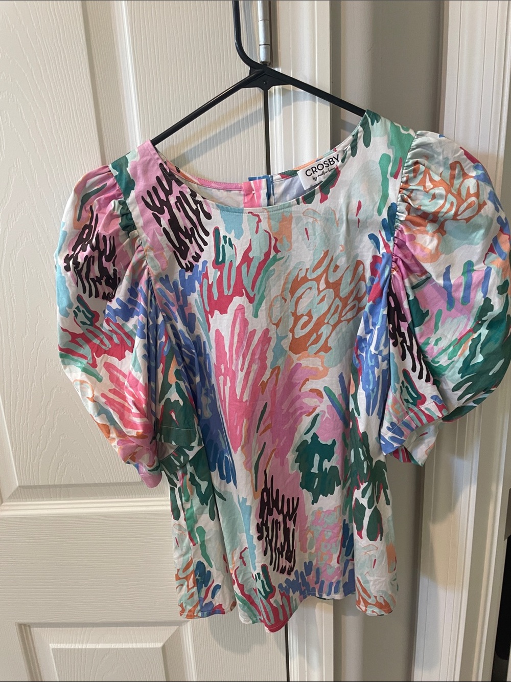 crosby. Puff Sleeve Top in Multicolor Brushstroke Print